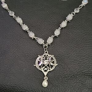 Synthetic Rainbow moonstone handmade beaded necklace, pentagram moon  pendant